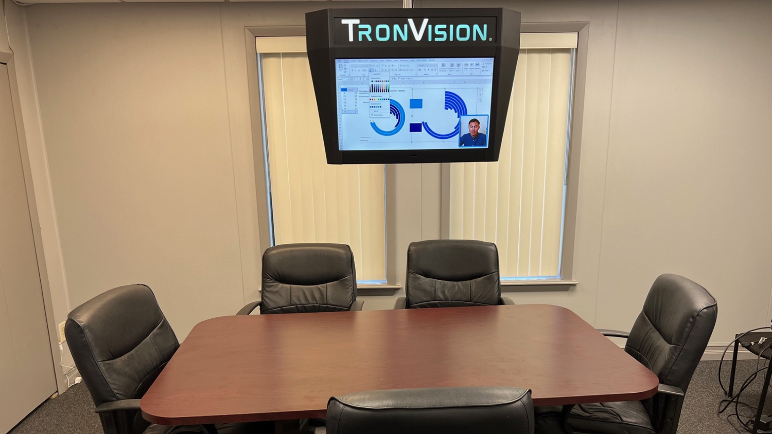 TronVision multi-screen display for business and office use, featuring a sleek arrangement of screens presenting data analytics, presentations, and video conferencing for enhanced collaboration and productivity.